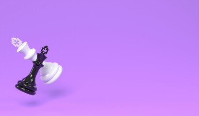3D illustration black and white king on purple background for copy space , 3D rendering object chess concept