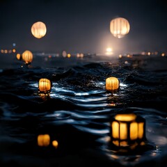 Oriental lanterns flying over the water. reflection of neon lights in water. Romantic evening, lights, night, bokeh. The magical atmosphere of a cozy evening in nature. 3D illustration.