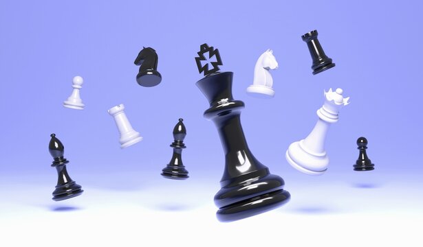 3D chess  illustration king, queen bishop and pawn horse rook on blue background , 3d rendering chess concept background