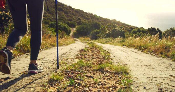 Two hikers hiking up a trail on a mountain on a summer day. Closeup of women walking in nature on a path using walking sticks. Active tourists exercising outdoors while on holiday. People training