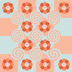Fototapeta premium Seamless hippie style pattern 1970. daisies with daisy faces on distorted squares as spirals.
