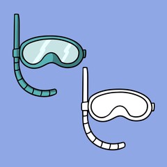 A set of pictures, a scuba diving mask with a breathing tube, a vector illustration in cartoon style