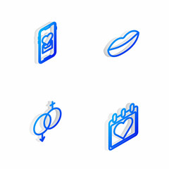 Set Isometric line Smiling lips, Mobile with heart, Gender and Calendar icon. Vector