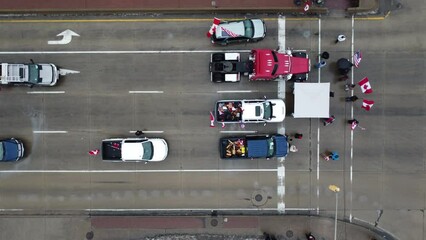 Overhead Aerial view of protests blocking a road in Canada, Ontario, Freedom Convoy