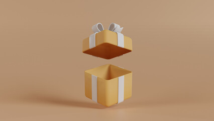Gift box open on orange background. 3d rendering.