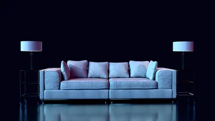Foto op Plexiglas 3d render a sofa near the sofa, two lamps and a neon light, blue and pink in the twilight with reflection, sale of interior furniture. © Роман Мартинюк