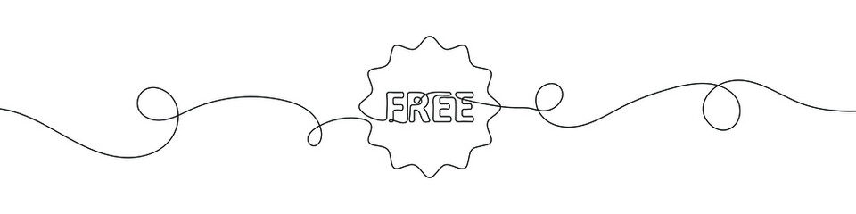 Single continuous line drawing of a FREE text. One continuous line drawing of discount banner. Vector illustration. Linear discount banner design
