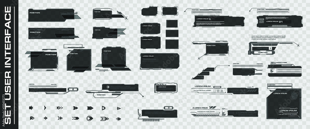 Poster Set of HUD elements on a transparent background. Futuristic virtual user interface with frames, callouts and dialog boxes. Digital interface for communication, correspondence and video games