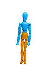 Wooden doll of Ukrainian flag colors, on gray background