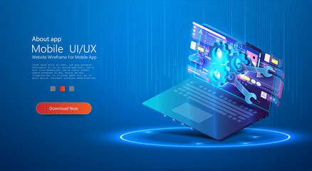 Technical support. Remote access and control of the laptop via an Internet connection. Technical support around the world. Modern illustration in isometric style. Computer technology concept. Vector