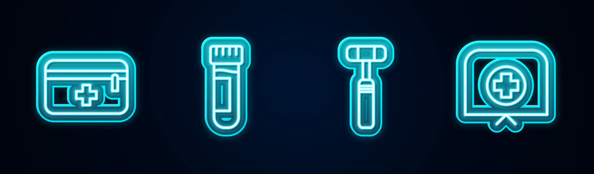 Set line First aid kit, Test tube with blood, Neurology reflex hammer and Nurse hat cross. Glowing neon icon. Vector