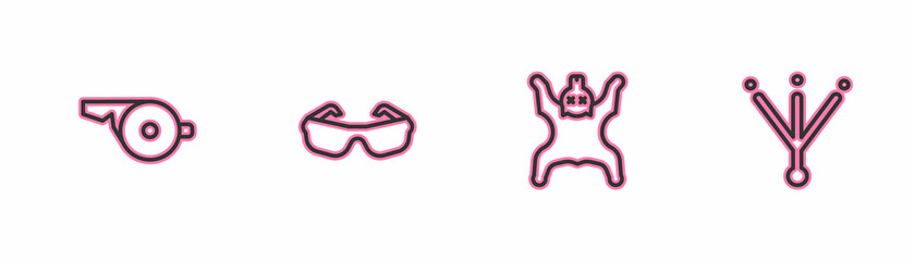 Set line Whistle, Bear skin, Glasses and Bird footprint icon. Vector