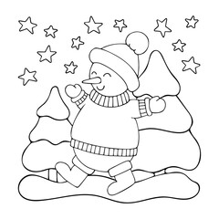 Coloring book snowman line art. Cute winter character in hat and sweater in night forest Christmas trees by stars. Hand drawn vector black and white illustration.