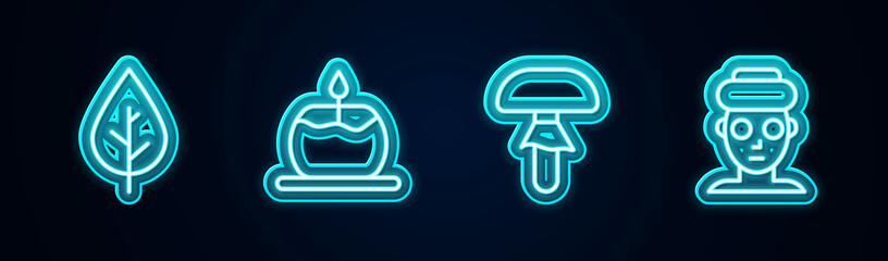 Set line Leaf, Aroma candle, Mushroom and Facial cosmetic mask. Glowing neon icon. Vector