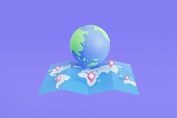 World map globe cartoon.  Navigation icons creative design concept. 3d illustration