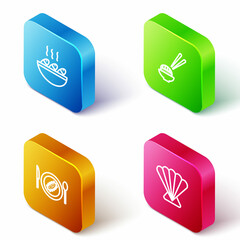 Set Isometric line Fish soup, Sushi, Served cucumber on a plate and Scallop sea shell icon. Vector