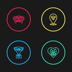 Set line Pet award, Heart with cat, Cat nose and tooth icon. Vector