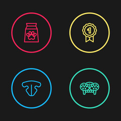 Set line Cat nose, tooth, Dog award symbol and Bag of food for pet icon. Vector