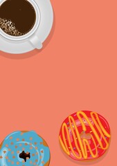 Coffee in white mug and Two Donuts Berries and blue glazed