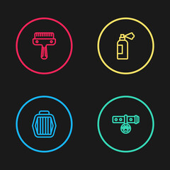 Set line Pet carry case, Collar with name tag, shampoo and Hair brush for dog and cat icon. Vector