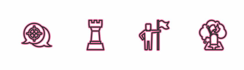 Set line Target, Man holding flag, Chess and icon. Vector