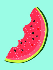 Juicy slice of red watermelon on a blue background. Summer vibes. Vector.