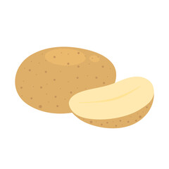 Potatoes isolated on white background. Whole root potato and half. Solanum tuberosum. Vector vegetables illustration in flat style.