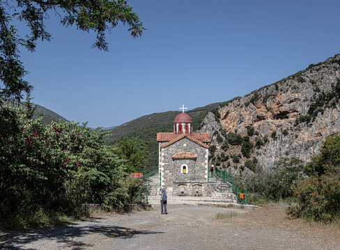 View of the Church of Ayios Athanasios in Timios Prodromos Monastery, located near Semnitsa village, above Lousios gorge, Arcadia, Peloponnese, Greece.