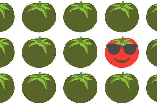 green tomatoes and one smiling red tomato with sunglasses,emoji concept pattern on white background,vector illustration