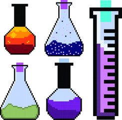 pixel art test tube, science Laboratory glassware pixel set.