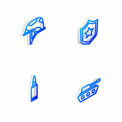 Set Isometric line Police badge, Military helmet, Bullet and tank icon. Vector