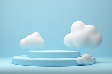 A round podium with white clouds on a blue background