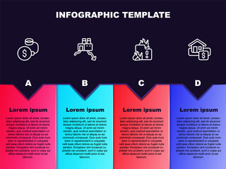 Set line Debt ball chained to coin, Shutdown of factory, Fire burning house and Hanging sign with Sale. Business infographic template. Vector