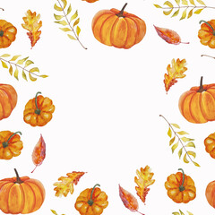 Watercolor illustration autumn orange frame with leaves and pumpkins for textile, napkins, other decorations