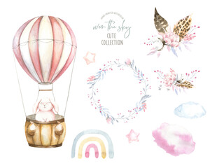 Cute watercolor air balloon illustration,floral wreath, bouquet,rainbow boho woodland baby shower design set for kids, nursery baby shower invitation,greeting card,birthday party sticker diy