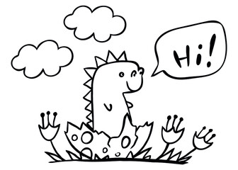 Cute dinosaur hatched from an egg isolated on white. Vector illustration. Perfect for print, coloring book, greeting card.