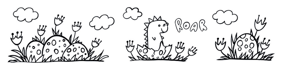 Cute dinosaur hatched from an egg and eggs dinosaur isolated on white. Vector illustration. Perfect for print, coloring book, greeting card.