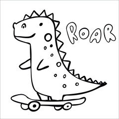 Сute dinosaur on a skateboard isolated on white. Vector illustration. Perfect for print, coloring book, greeting card.