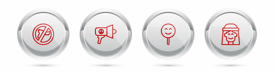 Set line No war, Megaphone, Smile face and Hippie girl. Silver circle button. Vector