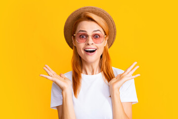 Female model with amazed expression, surprised face. Excited amazed woman in stylish sunglasses and...