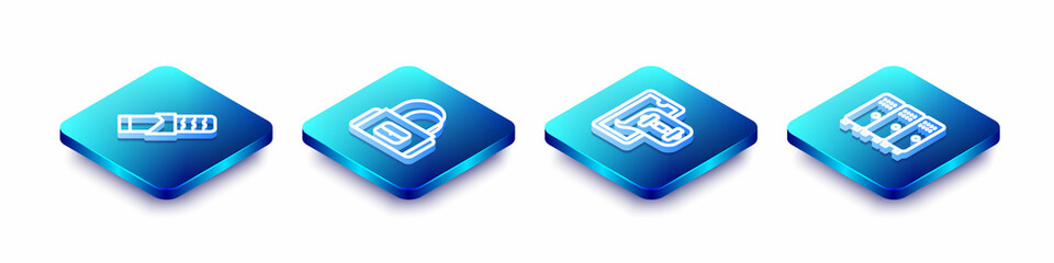 Set Isometric line Protein sport bar, Sport bag, Fitness app and Locker changing room icon. Vector