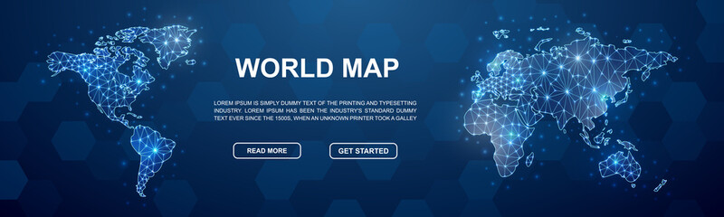 World Map polygonal symbol for head promotion banner. Horizontal low poly poster illustration. Earth planet design template illustration concept.