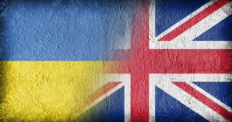 Ukrainian and United Kingdom flag on concrete