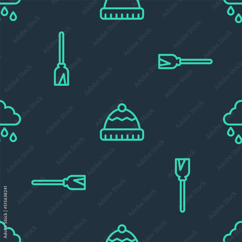Poster set line winter hat, handle broom and cloud with rain on seamless pattern. vector