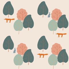Seamless autumn  pattern with colorful trees and animals, flat style illustration