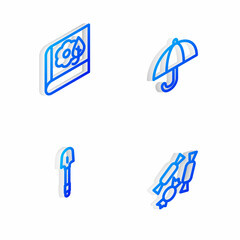 Set Isometric line Umbrella, Herbarium, Shovel and Candy icon. Vector