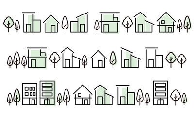 シンプルな家や街並みの線の塗りがあるアイコンセット