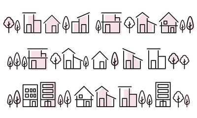 シンプルな家や街並みの線の塗りがあるアイコンセット