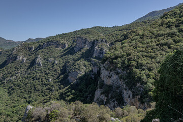 View of the Lousios Gorge on the way to the Prodromos Monastery, located above the left bank of Lousios River at the base a high, vertical rock, Stemnitsa, Arcadia, Greece.