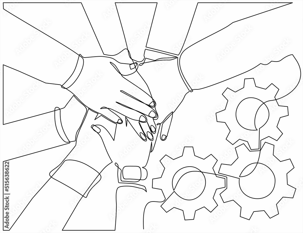 Poster continuous line drawing of team holding hands together and gears, showing unity and teamwork, top vi